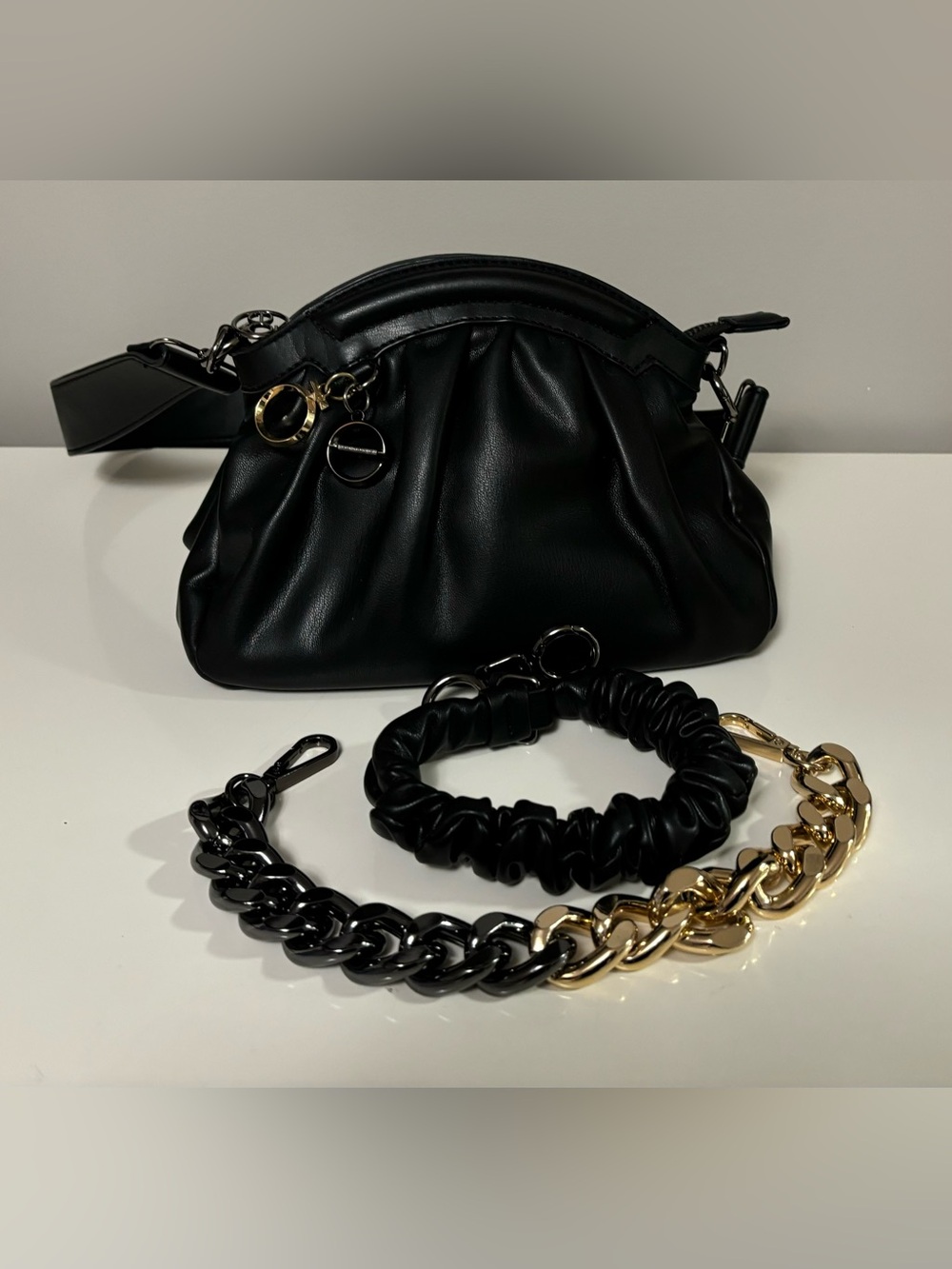 Classic Black Gathered Leather Shoulder Bag with Decorative Chain Straps